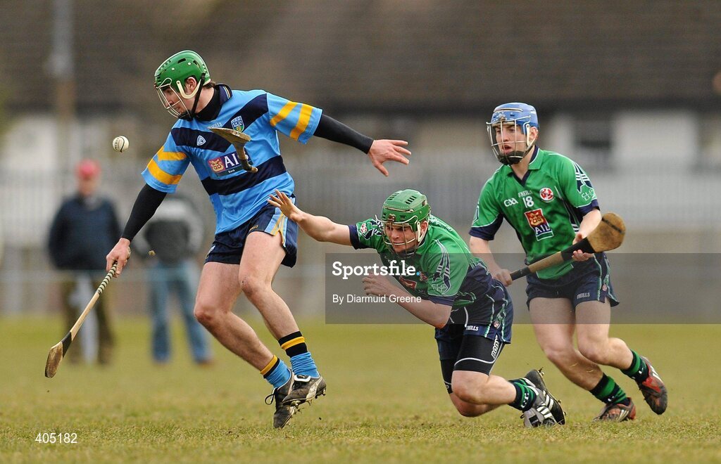 25 February 2010; Ciaran Lyng, UCD, in action against Sean Collins and John O'Keefe, right, LIT. Ulster Bank Fitzgibbon Cup Quarter-Final, Limerick Institute of Technology v University College Dublin, University of Limerick, Limerick. Picture credit: Diarmuid Greene / SPORTSFILE
