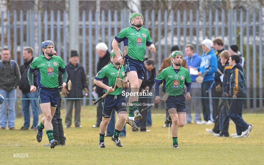 25 February 2010; LIT captain Joe Canning, alongside team-mates, from left, James McInerney, Sean Collins and Sean Tobin, leads his team out for the start of the game. Ulster Bank Fitzgibbon Cup Quarter-Final, Limerick Institute of Technology v University College Dublin, University of Limerick, Limerick. Picture credit: Diarmuid Greene / SPORTSFILE