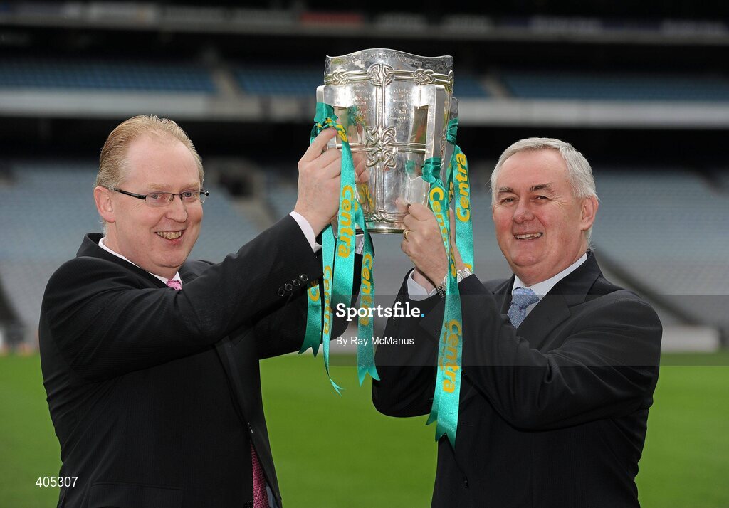 26 February 2010; Uachtarán CLG Criostóir Ó Cuana with Donal Horgan, Managing Director, Centra, and the Liam MacCarthy Cup at the announcement of a new partnership with Centra and its 558 retail partners. Centra have been confirmed as an official sponsor of the GAA Hurling All-Ireland Championship. Croke Park, Dublin. Picture credit: Ray McManus / SPORTSFILE