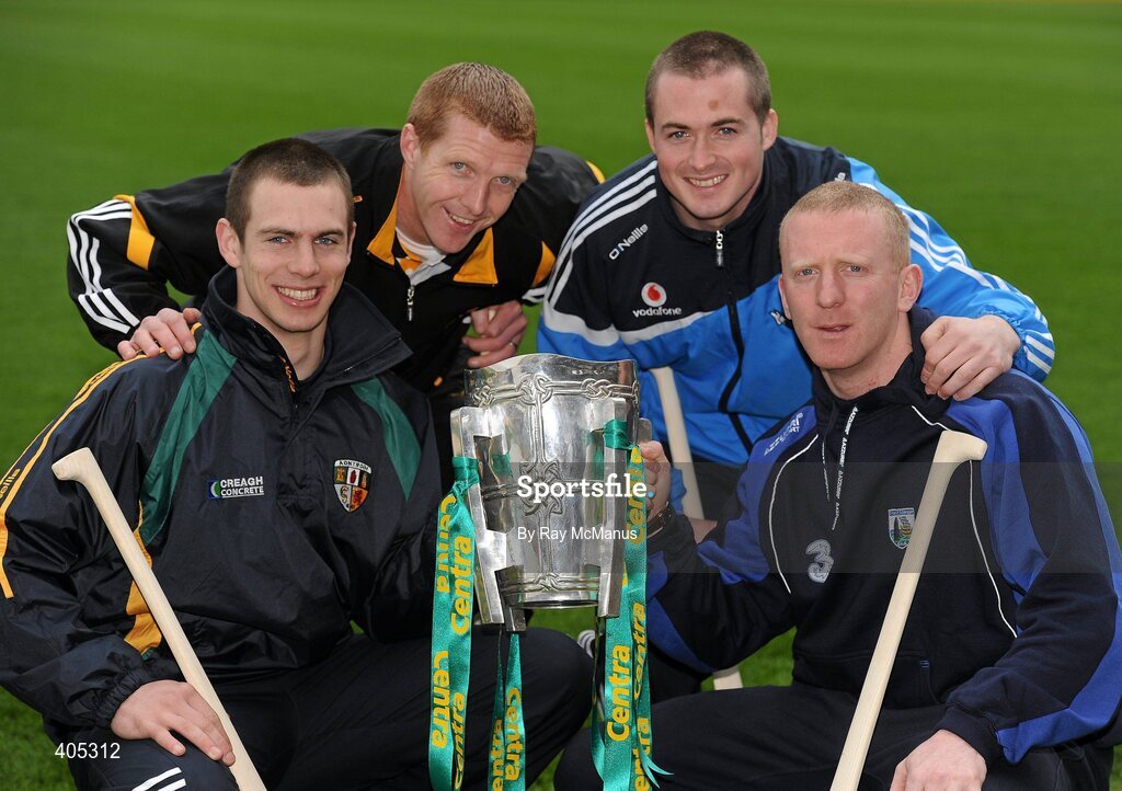 26 February 2010; GAA Stars, from left, Neill McManus, Antrim, Henry Shefflin, Kilkenny, David O'Callaghan, Dublin, and John Mullane, Waterford, with the Liam MacCarthy Cup at the announcement of a new partnership with Centra and its 558 retail partners. Centra have been confirmed as an official sponsor of the GAA Hurling All-Ireland Championship. Croke Park, Dublin. Picture credit: Ray McManus / SPORTSFILE