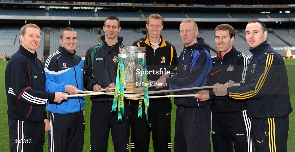 26 February 2010; GAA Stars, from left, Ollie Canning, Galway, David O'Callaghan, Dublin, Neill McManus, Antrim, Henry Shefflin, Kilkenny, John Mullane, Waterford, Ben O'Connor, Cork, and Eoin Kelly, Tipperary, with the Liam MacCarthy Cup at the announcement of a new partnership with Centra and its 558 retail partners. Centra have been confirmed as an official sponsor of the GAA Hurling All-Ireland Championship. Croke Park, Dublin. Picture credit: Ray McManus / SPORTSFILE