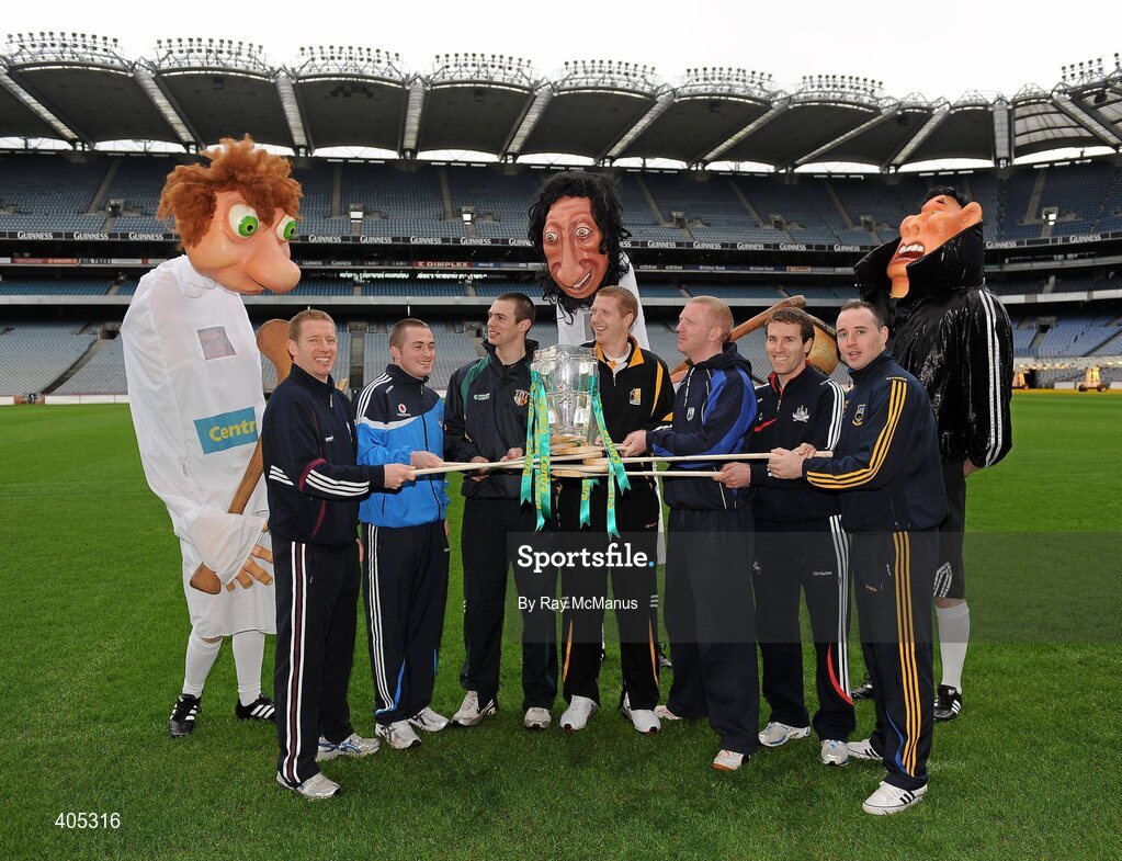 26 February 2010; GAA Stars, from left, Ollie Canning, Galway, David O'Callaghan, Dublin, Neill McManus, Antrim, Henry Shefflin, Kilkenny, John Mullane, Waterford, Ben O'Connor, Cork, and Eoin Kelly, Tipperary, with the Liam MacCarthy Cup at the announcement of a new partnership with Centra and its 558 retail partners. Centra have been confirmed as an official sponsor of the GAA Hurling All-Ireland Championship. Croke Park, Dublin. Picture credit: Ray McManus / SPORTSFILE