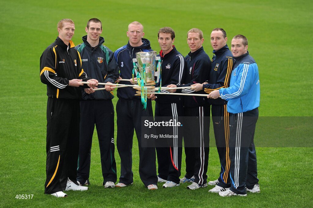 26 February 2010; GAA Stars, from left, Henry Shefflin, Kilkenny, Neill McManus, Antrim, John Mullane, Waterford, Ben O'Connor, Cork, Ollie Canning, Galway, Eoin Kelly, Tipperary, and David O'Callaghan, Dublin, with the Liam MacCarthy Cup at the announcement of a new partnership with Centra and its 558 retail partners. Centra have been confirmed as an official sponsor of the GAA Hurling All-Ireland Championship. Croke Park, Dublin. Picture credit: Ray McManus / SPORTSFILE