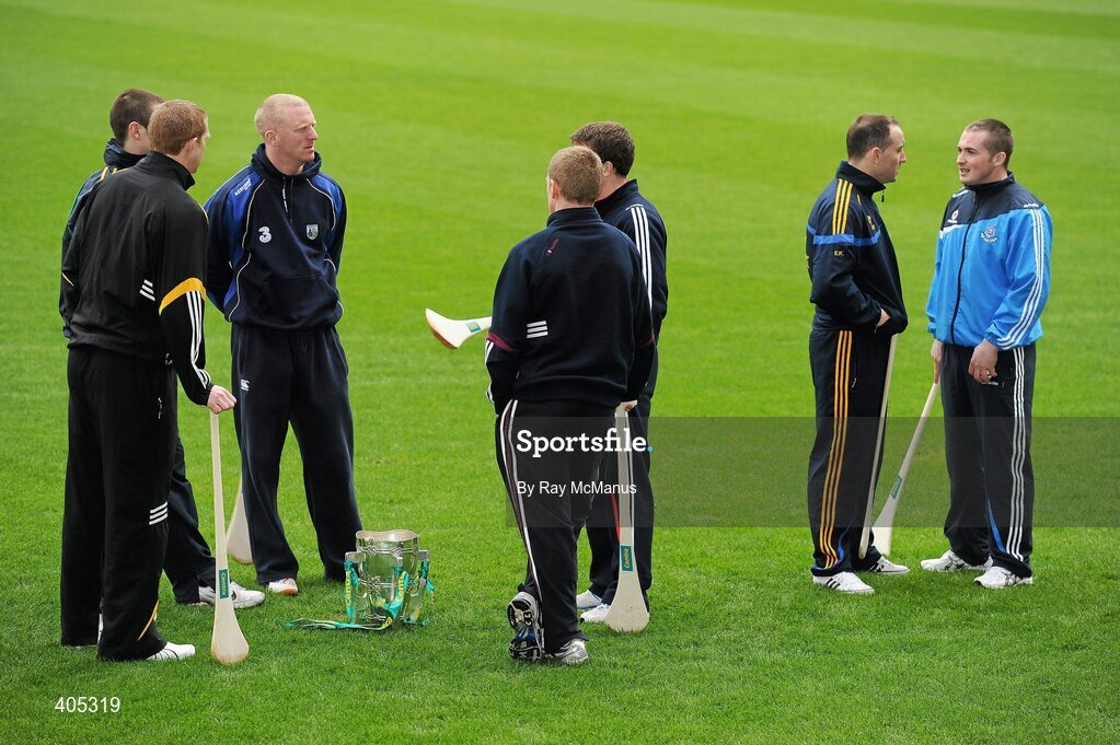 26 February 2010; GAA Stars, from left, Henry Shefflin, Kilkenny, Neill McManus, Antrim, John Mullane, Waterford, Ben O'Connor, Cork, Ollie Canning, Galway, Eoin Kelly, Tipperary, and David O'Callaghan, Dublin, with the Liam MacCarthy Cup at the announcement of a new partnership with Centra and its 558 retail partners. Centra have been confirmed as an official sponsor of the GAA Hurling All-Ireland Championship. Croke Park, Dublin. Picture credit: Ray McManus / SPORTSFILE
