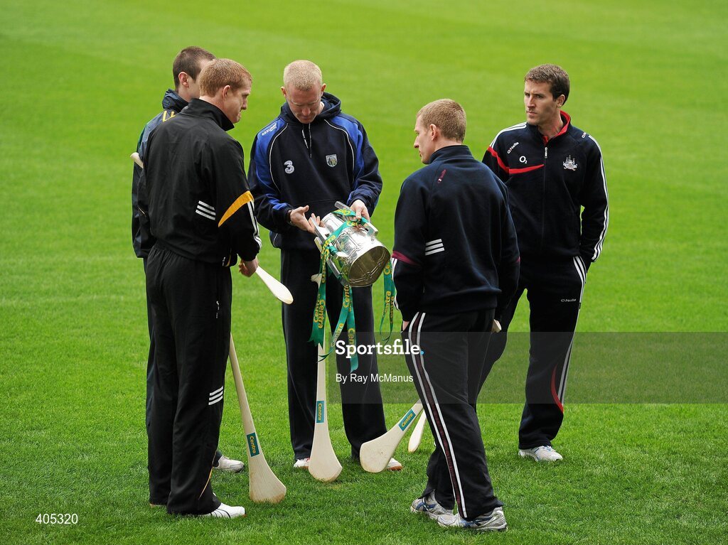 26 February 2010; GAA Stars, from left, Henry Shefflin, Kilkenny, Neill McManus, Antrim, John Mullane, Waterford, Ollie Canning, Galway, and Ben O'Connor, Cork, with the Liam MacCarthy Cup at the announcement of a new partnership with Centra and its 558 retail partners. Centra have been confirmed as an official sponsor of the GAA Hurling All-Ireland Championship. Croke Park, Dublin. Picture credit: Ray McManus / SPORTSFILE