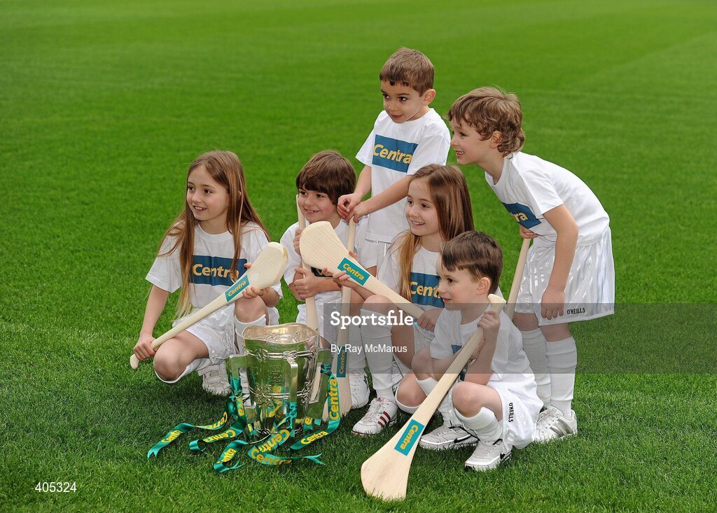 26 February 2010; GAA Stars of the future, from left, Kelli Clarke, Castleknock, Dara O'Shaughnessy, Navan Road, Dublin, Kasra Sangri, Sandyford, Alanna Clarke, Castleknock, Max Lally, Ashbourne, Co. Meath, and Anthony Lyons, Sandyford, Dublin, with the Liam MacCarthy Cup at the announcement of a new partnership with Centra and its 558 retail partners. Centra have been confirmed as an official sponsor of the GAA Hurling All-Ireland Championship. Croke Park, Dublin. Picture credit: Ray McManus / SPORTSFILE