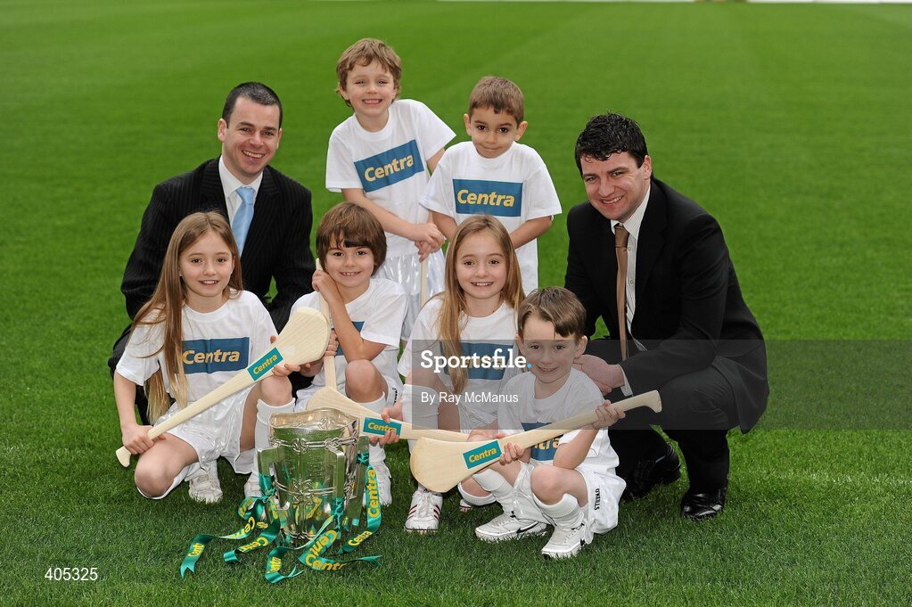 26 February 2010; Michael Morgan, Centra Sales Director, left, and Garret Jordan, Chairman, Centra Retailer Council, right, with GAA Stars of the future, from left, Kelli Clarke, Castleknock, Dara O'Shaughnessy, Navan Road, Dublin, Max Lally, Ashbourne, Co Meath, Alanna Clarke, Castleknock, Kasra Sangri, Sandyford, and Anthony Lyons, Sandyford, Dublin, with the Liam MacCarthy Cup at the announcement of a new partnership with Centra and its 558 retail partners. Centra have been confirmed as an official sponsor of the GAA Hurling All-Ireland Championship. Croke Park, Dublin. Picture credit: Ray McManus / SPORTSFILE