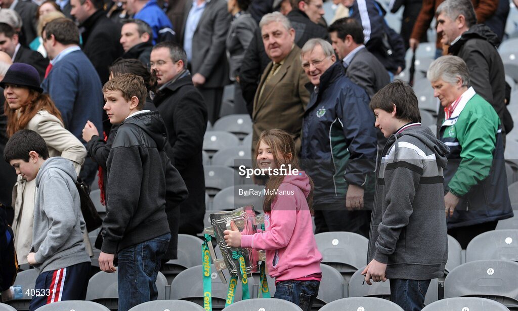 26 February 2010; Eight year old Saoirse Quinn, from Dangan, Co Offaly, with the Liam MacCarthy Cup after a 'team photograph' of retailers at the announcement of a new partnership with Centra and its 558 retail partners. Centra have been confirmed as an official sponsor of the GAA Hurling All-Ireland Championship. Croke Park, Dublin. Picture credit: Ray McManus / SPORTSFILE