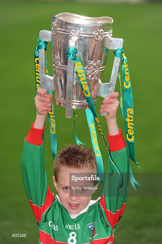 26 February 2010; GAA Star of the future Sean Byrne, seven years, from the Naomh Barróg GAA Club, Kilbarrack, Dublin, with the Liam MacCarthy Cup at the announcement of a new partnership with Centra and its 558 retail partners. Centra have been confirmed as an official sponsor of the GAA Hurling All-Ireland Championship. Croke Park, Dublin. Picture credit: Ray McManus / SPORTSFILE