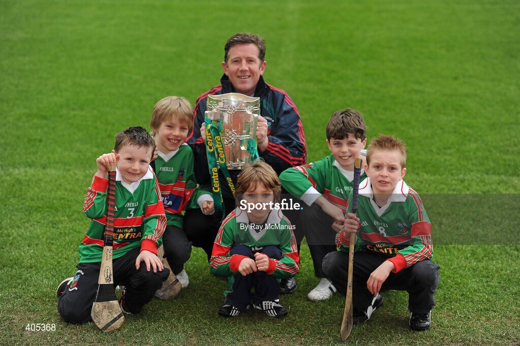 26 February 2010; GAA Stars of the future Sean Byrne, Sean McHugh, Charlie McHugh, Cillian Costello and Killian Phillips from the Naomh Barróg GAA Club, Kilbarrack, Dublin, with Diarmuid McHugh, the club Juvenile Chairman, and the Liam MacCarthy Cup at the announcement of a new partnership with Centra and its 558 retail partners. Centra have been confirmed as an official sponsor of the GAA Hurling All-Ireland Championship. Croke Park, Dublin. Picture credit: Ray McManus / SPORTSFILE