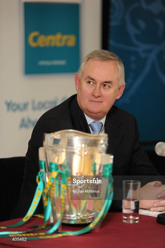 26 February 2010; Uachtarán Chumann Lúthchleas Gael Criostóir Ó Cuana with the Liam MacCarthy Cup at the announcement of a new partnership with Centra and its 558 retail partners. Centra have been confirmed as an official sponsor of the GAA Hurling All-Ireland Championship. Croke Park, Dublin. Picture credit: Ray McManus / SPORTSFILE