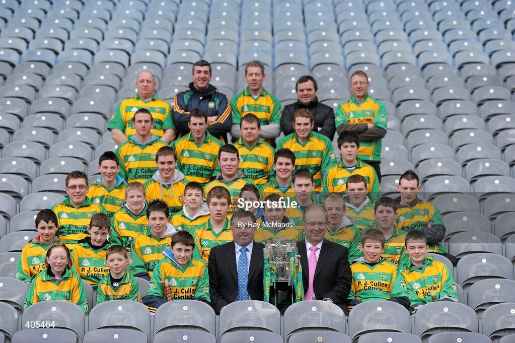 26 February 2010; Donal Horgan, Managing Director, Centra, and team sponsor PJ Cullen, with Bennettsbridge GAA club members and the Liam MacCarthy Cup at the announcement of a new partnership with Centra and its 558 retail partners. Centra have been confirmed as an official sponsor of the GAA Hurling All-Ireland Championship. Croke Park, Dublin. Picture credit: Ray McManus / SPORTSFILE