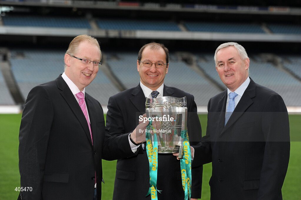 26 February 2010; Uachtarán Chumann Lúthchleas Gael Criostóir Ó Cuana with Donal Horgan, Managing Director, Centra, left, Chris Martin, CEO, Musgrave Group, and the Liam MacCarthy Cup at the announcement of a new partnership with Centra and its 558 retail partners. Centra have been confirmed as an official sponsor of the GAA Hurling All-Ireland Championship. Croke Park, Dublin. Picture credit: Ray McManus / SPORTSFILE