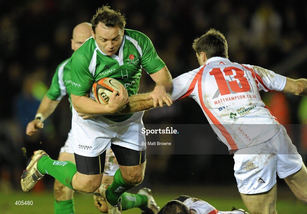 26 February 2010; Rob Henderson, Ireland Legends, is tackled by Dan Luger, England Legends. The Stuart Mangan Memorial Cup, England Legends v Ireland Legends, The Stoop, Twickenham, London. Picture credit: Matt Browne / SPORTSFILE