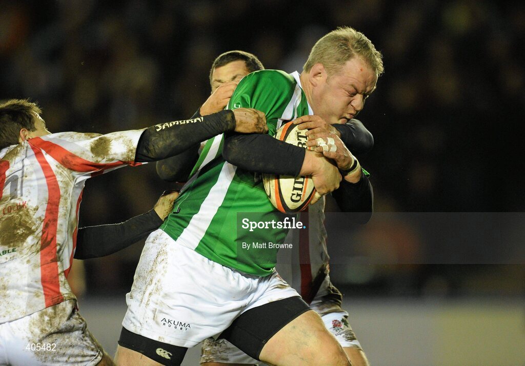 26 February 2010; Mick Galwey, Ireland Legends, is tackled by Ben Clarke and Paul Grayson, England Legends. The Stuart Mangan Memorial Cup, England Legends v Ireland Legends, The Stoop, Twickenham, London. Picture credit: Matt Browne / SPORTSFILE