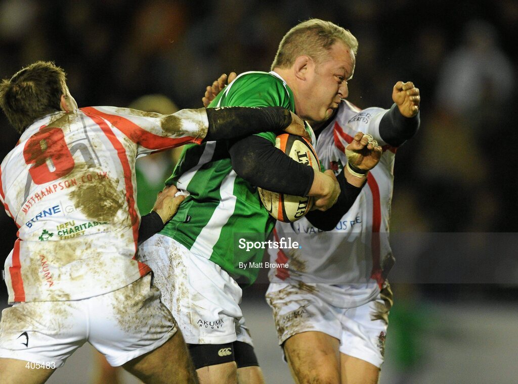 26 February 2010; Mick Galwey, Ireland Legends, is tackled by Ben Clarke and Paul Grayson, England Legends. The Stuart Mangan Memorial Cup, England Legends v Ireland Legends, The Stoop, Twickenham, London. Picture credit: Matt Browne / SPORTSFILE