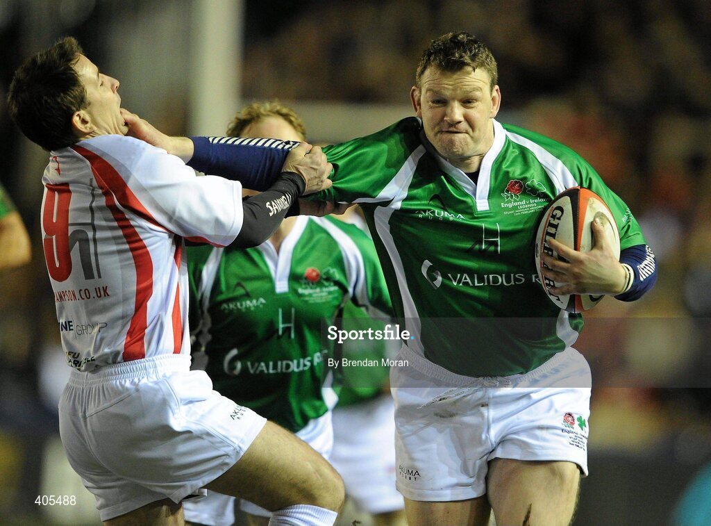 26 February 2010; David Corkery, Ireland Legends, holds off the challenge of Mike Friday, England Legends. The Stuart Mangan Memorial Cup, England Legends v Ireland Legends, The Stoop, Twickenham, London. Picture credit: Brendan Moran / SPORTSFILE