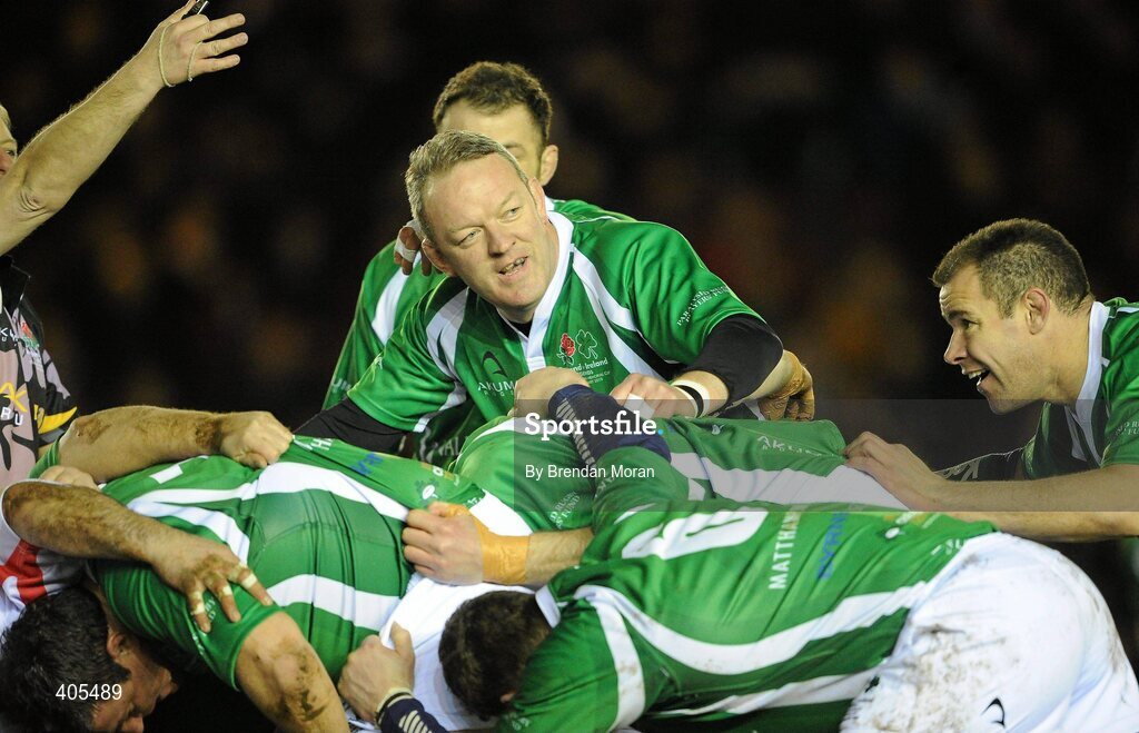 26 February 2010; Mick Galwey, Ireland Legends, prepares to pack down alongside team-mate Andy Ward, right. The Stuart Mangan Memorial Cup, England Legends v Ireland Legends, The Stoop, Twickenham, London. Picture credit: Brendan Moran / SPORTSFILE