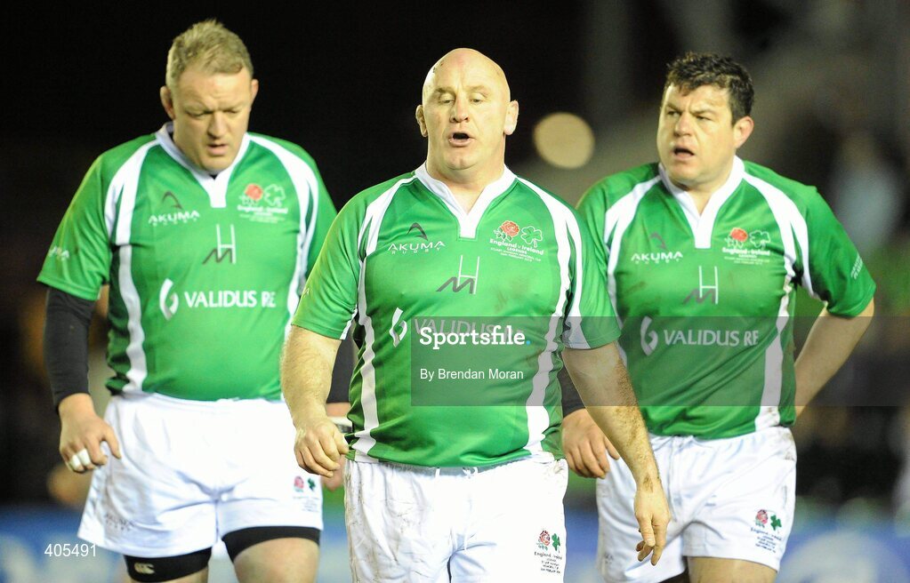26 February 2010; Ireland Legends, from left, Mick Galwey, Gary Halpin and Reggie Corrigan during the game. The Stuart Mangan Memorial Cup, England Legends v Ireland Legends, The Stoop, Twickenham, London. Picture credit: Brendan Moran / SPORTSFILE