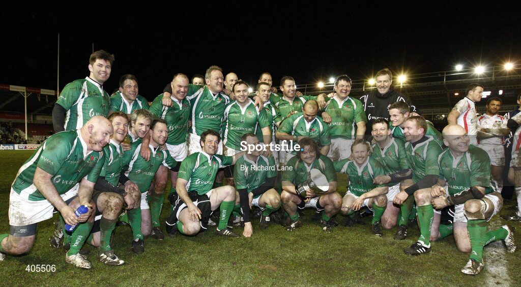 26 February 2010; The Irish team celebrate with the cup after the game. The Stuart Mangan Memorial Cup, England Legends v Ireland Legends, The Stoop, Twickenham, London. Picture credit: Richard Lane / SPORTSFILE