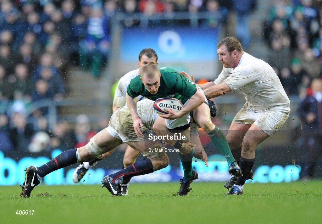 27 February 2010; Keith Earls, Ireland, is tackled by Steve Borthwick, left, and Tim Payne, England. RBS Six Nations Rugby Championship, England v Ireland, Twickenham Stadium, Twickenham, London, England. Picture credit: Matt Browne / SPORTSFILE