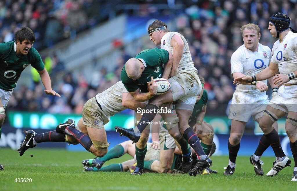 27 February 2010; Paul O'Connell, Ireland, loses the ball in contact with Steve Borthwick, left, and Dylan Hartley, England. RBS Six Nations Rugby Championship, England v Ireland, Twickenham Stadium, Twickenham, London, England. Picture credit: Brendan Moran / SPORTSFILE