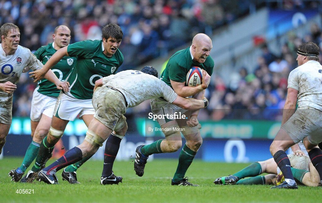 27 February 2010; Paul O'Connell, Ireland, is tackled by Steve Borthwick, England. RBS Six Nations Rugby Championship, England v Ireland, Twickenham Stadium, Twickenham, London, England. Picture credit: Brendan Moran / SPORTSFILE