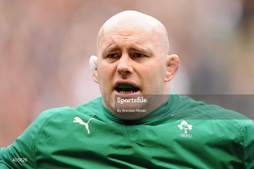 27 February 2010; Ireland's John Hayes, who marked his 100th cap for his country, during the National Anthem. RBS Six Nations Rugby Championship, England v Ireland, Twickenham Stadium, Twickenham, London, England. Picture credit: Brendan Moran / SPORTSFILE