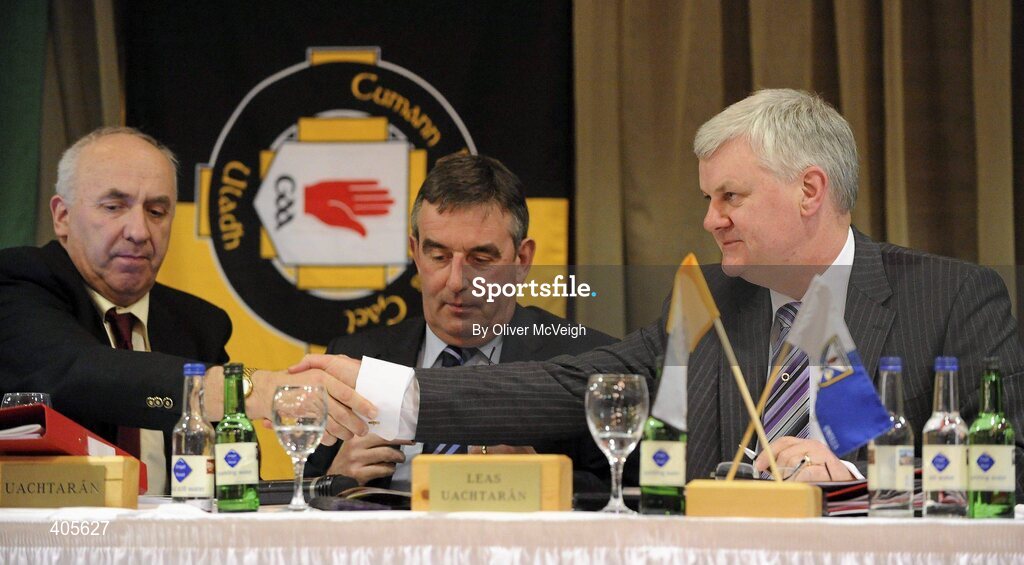 27 February 2010; New Ulster GAA President Aogan Farrell, right, is congratulated by Ulster GAA Secretary Dany Murphy, left, with outgoing Ulster GAA President Tom Daly at the Ulster Council GAA Convention. Ulster Council GAA Convention, Errigal Hotel, Cootehill, Co. Cavan. Picture credit: Oliver McVeigh / SPORTSFILE