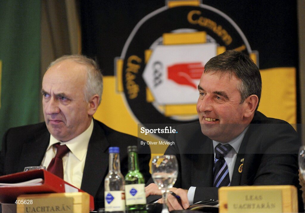 27 February 2010; Outgoing Ulster GAA President Tom Daly, right, as he receives the accolades of fellow Gaels at the Ulster Council GAA convention. Ulster Council GAA Convention, Errigal Hotel, Cootehill, Co. Cavan. Picture credit: Oliver McVeigh / SPORTSFILE