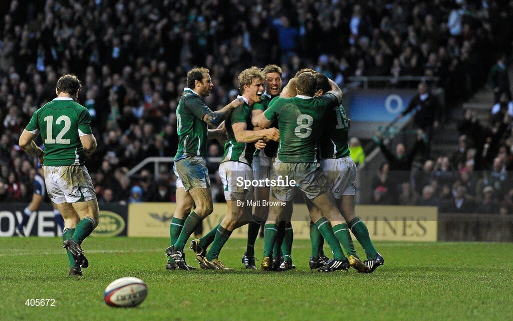 27 February 2010; Ireland players celebrate Tommy Bowe's second and winning try RBS Six Nations Rugby Championship, England v Ireland, Twickenham Stadium, Twickenham, London, England. Picture credit: Matt Browne / SPORTSFILE