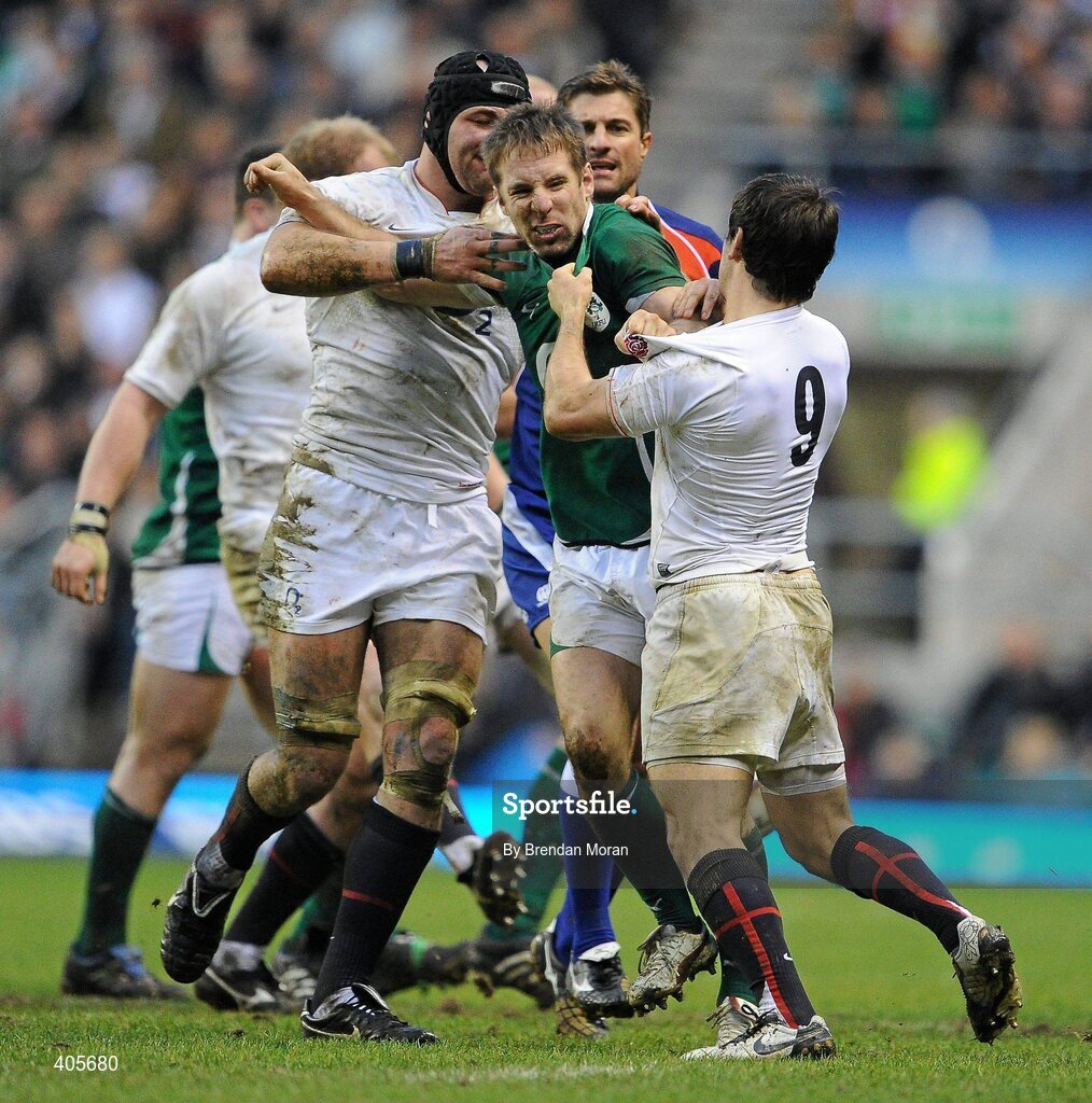 27 February 2010; Ireland scrum-half Tomas O'Leary gets to grips with his England counterpart Danny Care. RBS Six Nations Rugby Championship, England v Ireland, Twickenham Stadium, Twickenham, London, England. Picture credit: Brendan Moran / SPORTSFILE
