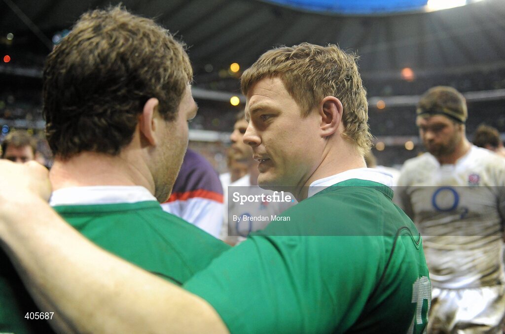 27 February 2010; Ireland captain Brian O'Driscoll, right, with team-mate Gordon D'Arcy after the game. RBS Six Nations Rugby Championship, England v Ireland, Twickenham Stadium, Twickenham, London, England. Picture credit: Brendan Moran / SPORTSFILE