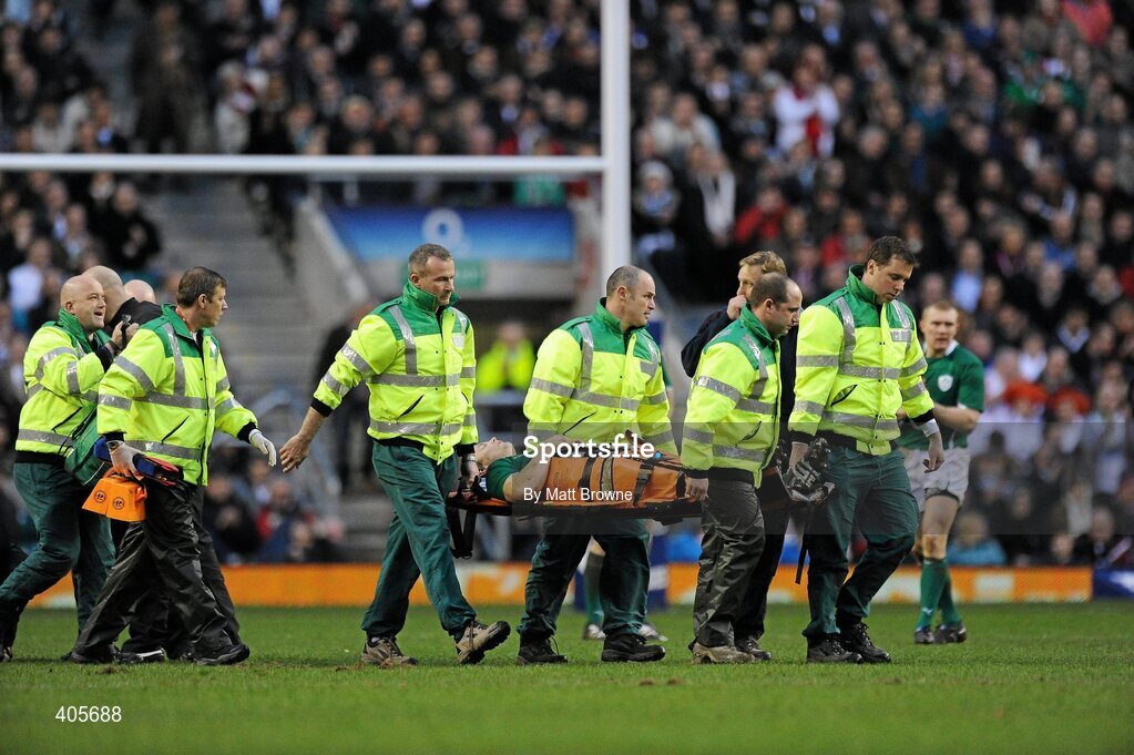 27 February 2010; Brian O'Driscoll, Ireland, leaves the field on a stretcher during the game. RBS Six Nations Rugby Championship, England v Ireland, Twickenham Stadium, Twickenham, London, England. Picture credit: Matt Browne / SPORTSFILE