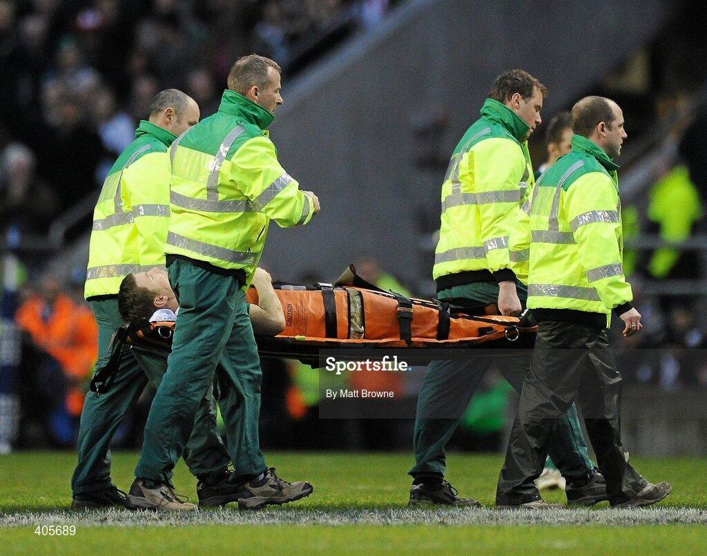 27 February 2010; Brian O'Driscoll, Ireland, leaves the field on a stretcher during the game. RBS Six Nations Rugby Championship, England v Ireland, Twickenham Stadium, Twickenham, London, England. Picture credit: Matt Browne / SPORTSFILE