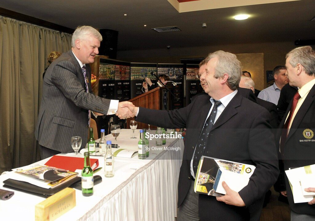 27 February 2010; New Ulster GAA President, Aogan Farrell, is congratulated by delegates at the Ulster Council GAA Convention. Ulster Council GAA Convention, Errigal Hotel, Cootehill, Co. Cavan. Picture credit: Oliver McVeigh / SPORTSFILE