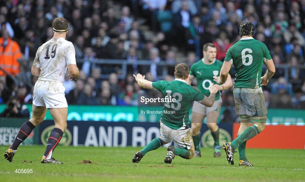 27 February 2010; Ireland captain Brian O'Driscoll falls to the ground during the game. RBS Six Nations Rugby Championship, England v Ireland, Twickenham Stadium, Twickenham, London, England. Picture credit: Brendan Moran / SPORTSFILE