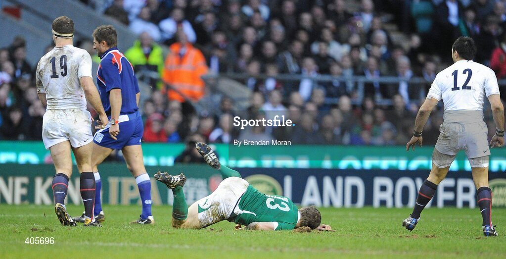 27 February 2010; Ireland captain Brian O'Driscoll falls to the ground during the game. RBS Six Nations Rugby Championship, England v Ireland, Twickenham Stadium, Twickenham, London, England. Picture credit: Brendan Moran / SPORTSFILE