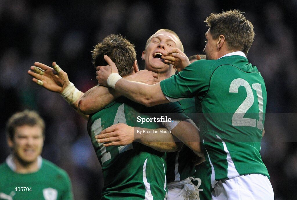 27 February 2010; Ireland's Keith Earls and Ronan O'Gara, right, congratulate team-mate Tommy Bowe on scoring their side's third and winning try against England. RBS Six Nations Rugby Championship, England v Ireland, Twickenham Stadium, Twickenham, London, England. Picture credit: Brendan Moran / SPORTSFILE