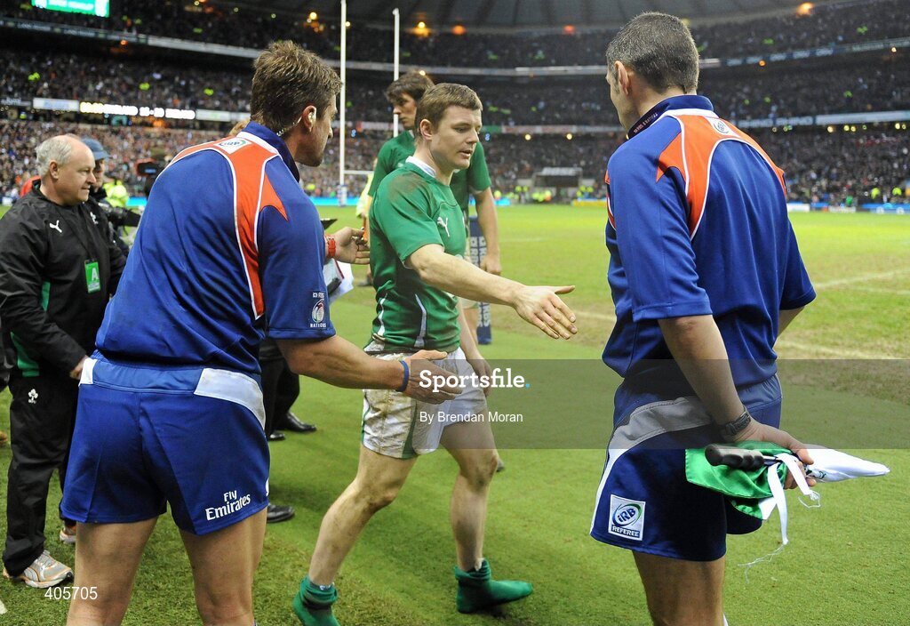 27 February 2010; Ireland captain Brian O'Driscoll shakes hands with the match officials after the game. RBS Six Nations Rugby Championship, England v Ireland, Twickenham Stadium, Twickenham, London, England. Picture credit: Brendan Moran / SPORTSFILE
