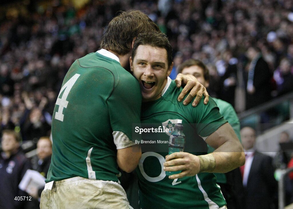 27 February 2010; David Wallace, right, and team-mate Donnacha O'Callaghan, Ireland, celebrate their side's victory. RBS Six Nations Rugby Championship, England v Ireland, Twickenham Stadium, Twickenham, London, England. Picture credit: Brendan Moran / SPORTSFILE