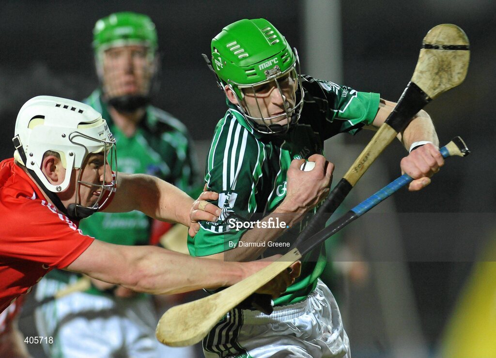 27 February 2010; Andrew Brennan, Limerick, in action against Fintan O'Leary, Cork. Allianz GAA Hurling Hurling National League Division 1 Round 2, Limerick v Cork, Gaelic Grounds, Limerick. Picture credit: Diarmuid Greene / SPORTSFILE