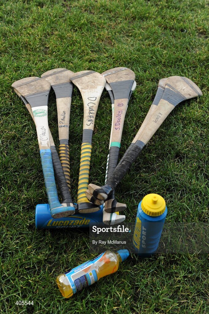 21 February 2010; Offaly hurling sticks and bottles of Lucozade sport lie on the side of the pitch. Allianz GAA Hurling National League Division 1 Round 1, Cork v Offaly. Pairc Ui Chaoimh, Cork. Picture credit: Ray McManus / SPORTSFILE