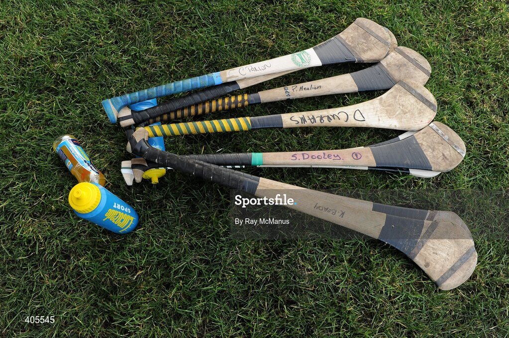 21 February 2010; Offaly hurling sticks and bottles of Lucozade Sport lie on the side of the pitch. Allianz GAA Hurling National League Division 1 Round 1, Cork v Offaly. Pairc Ui Chaoimh, Cork. Picture credit: Ray McManus / SPORTSFILE