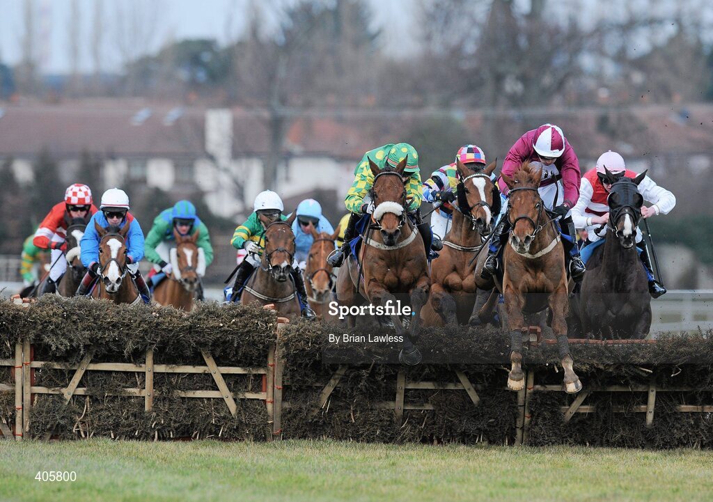 28 February 2010; Tarkari, with Ruby Walsh up, second from right, clears the last on their way to winning The www.leopardstown.com Handicap Hurdle. Leopardstown Racecourse, Dublin. Picture credit: Brian Lawless / SPORTSFILE