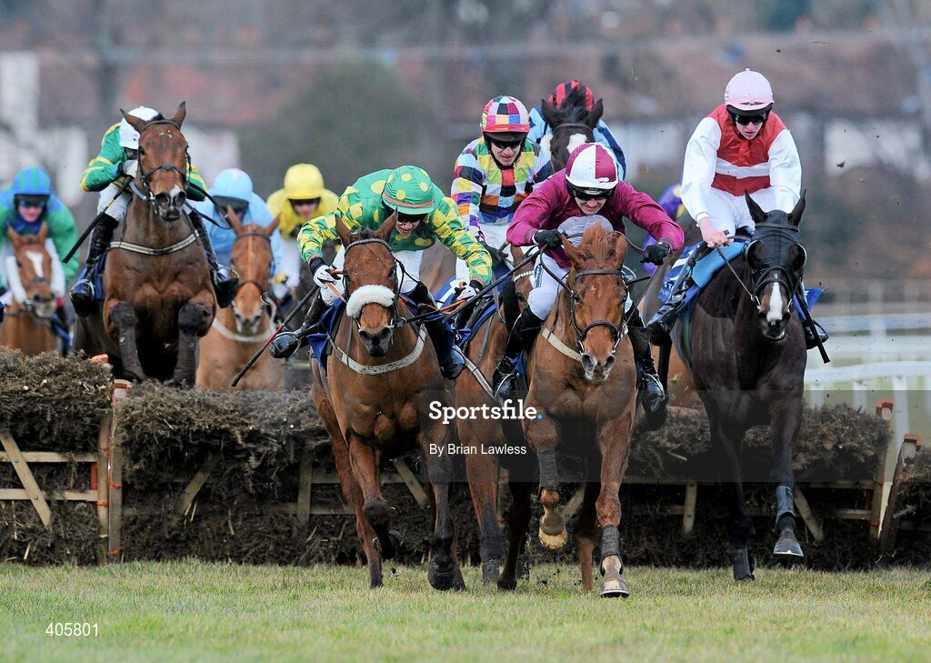 28 February 2010; Tarkari, with Ruby Walsh up, second from right, races clear of the last on their way to winning The www.leopardstown.com Handicap Hurdle. Leopardstown Racecourse, Dublin. Picture credit: Brian Lawless / SPORTSFILE
