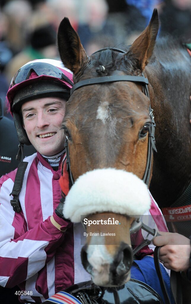 28 February 2010; Jockey Paddy Flood with Stewarts House in the parade ring after winning The Carrickmines Handicap Steeplechase. Leopardstown Racecourse, Dublin. Picture credit: Brian Lawless / SPORTSFILE