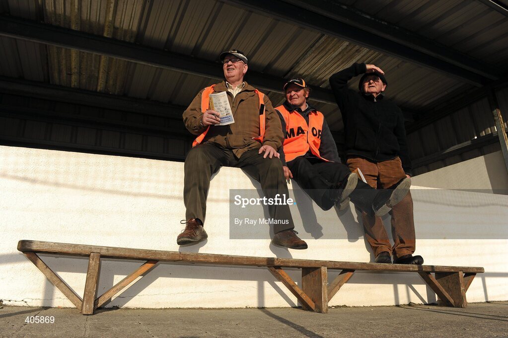 28 February 2010; Kilkenny supporters and maors John Kavanagh, left, Thomastown, Jim Staunton, Paulstown, centre, and Podge Butler, Kilkenny City, watch the game in strong sunlight. Allianz GAA Hurling National League Division 1 Round 2, Kilkenny v Offaly, Nowlan Park, Kilkenny. Picture credit: Ray McManus / SPORTSFILE