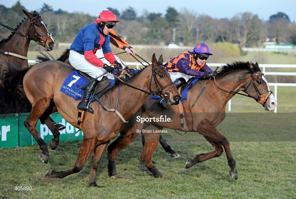 28 February 2010; Tranquil Sea, with Andrew McNamara up, right, races clear of the last, alongside eventual second place Natal, Barry Geraghty up, on their way to winning The Newlands Steeplechase. Leopardstown Racecourse, Dublin. Picture credit: Brian Lawless / SPORTSFILE