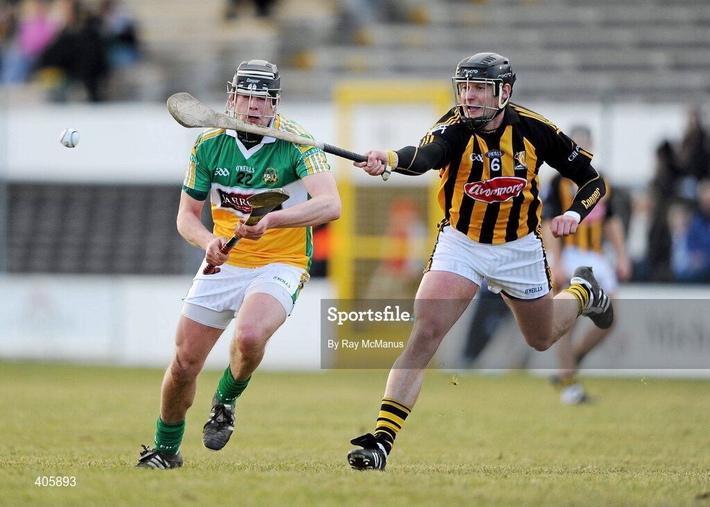 28 February 2010; Derek Molloy, Offaly, in action against Jackie Tyrrell, Kilkenny. Allianz GAA Hurling National League Division 1 Round 2, Kilkenny v Offaly, Nowlan Park, Kilkenny. Picture credit: Ray McManus / SPORTSFILE